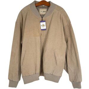 Haband XL Tan Genuine Leather Bomber Jacket With Ribbed Trim Quilted Lining